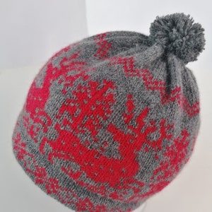 Grey knitted reindeer hat, wool beanie for the winter, unisex wool hat
