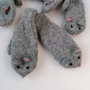 Playful Knitted Grey Mouse Mittens with Wool Lining, for kids and adults