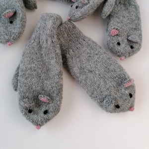 Playful Knitted Grey Mouse Mittens with Wool Lining, for kids and adults