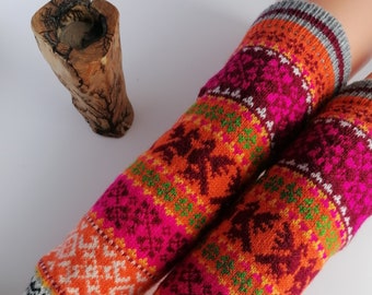 Exquisite Muhu style leg warmers,  long model and knitted from natural lamb wool, nice multicolor pattern