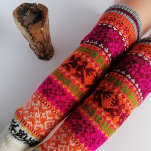 Exquisite Muhu style leg warmers,  long model and knitted from natural lamb wool, nice multicolor pattern