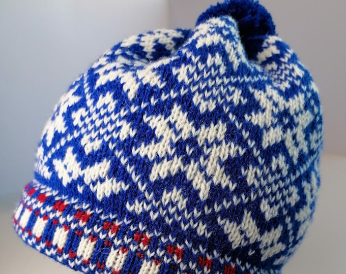 Blue knitted winter beanie, nice snowflake pattern, wool winter hat for men and women, gift for him