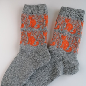 Knitted fox socks, woodland animal pattern, natural wool socks