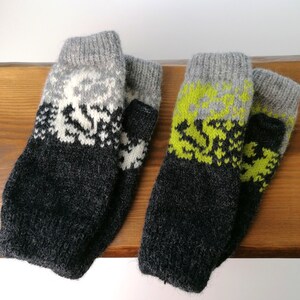 Patterned fingerless gloves, warm and cozy in a freezy day, knitted from lamb wool, nice hedgehog pattern, matching for teens and ladies