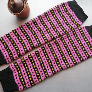 Pink striped knitted wool leg warmers, finely knitted Vigala countryside pattern black, pink and yellow color combination. Gift for her