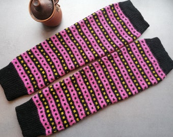 Pink striped knitted wool leg warmers, finely knitted Vigala countryside pattern black, pink and yellow color combination. Gift for her