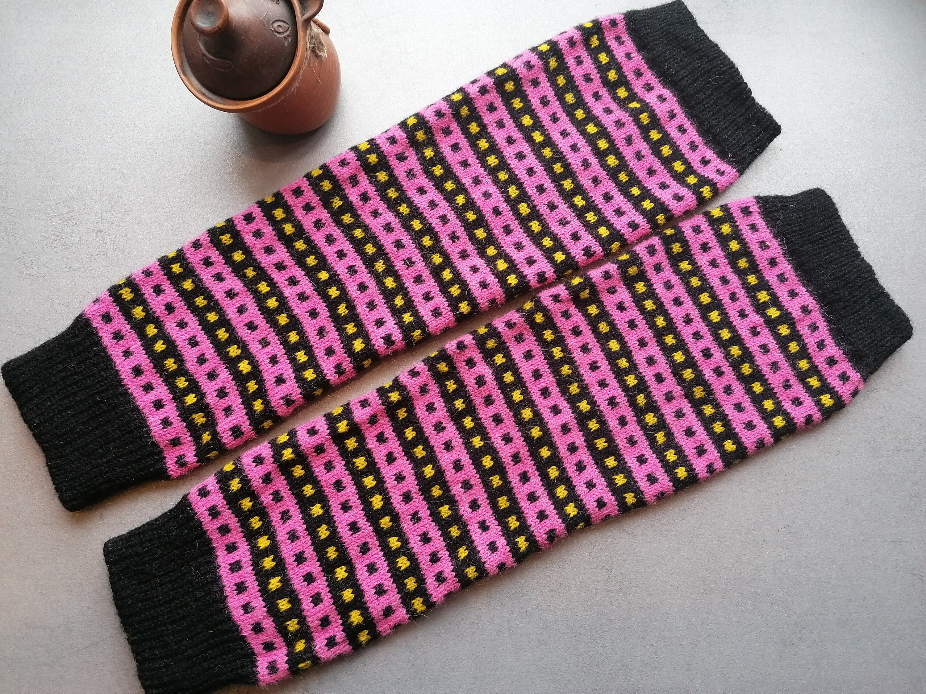 Pink Striped Knitted Wool Leg Warmers, Finely Knitted Vigala Countryside  Pattern Black, Pink and Yellow Color Combination. Gift for Her -   Australia