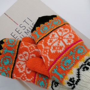 Adorable multicolour mittens, inspired from Muhu patterns, warm mittens with lining