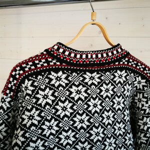 Folk knitted wool sweater, traditional Kihnu troi pattern, black-white nordic star pattern cardigan in scandinavian style image 6