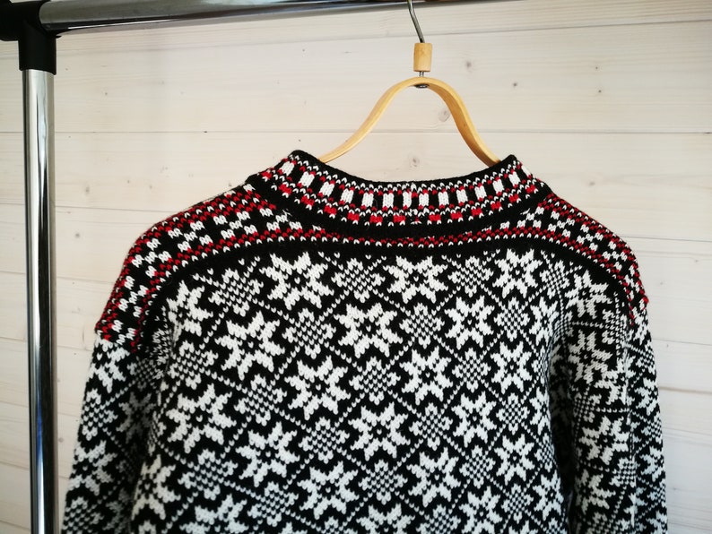 Folk knitted wool sweater, traditional Kihnu troi pattern, black-white nordic star pattern cardigan in scandinavian style image 6