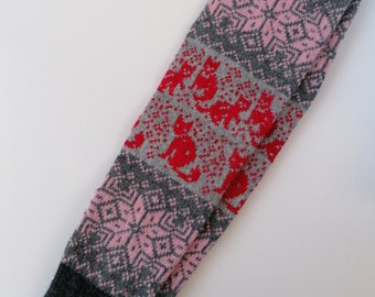 Wool Knit Leg Warmers: Red Cat Pattern, Fair Isle Boot Cuffs