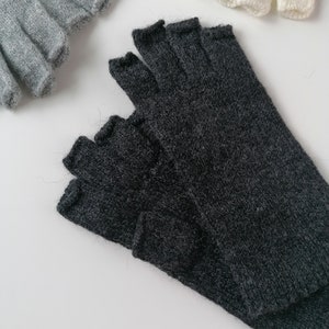 Womens Lambswool Fingerless Gloves in minimalist style, half fingers gloves Black