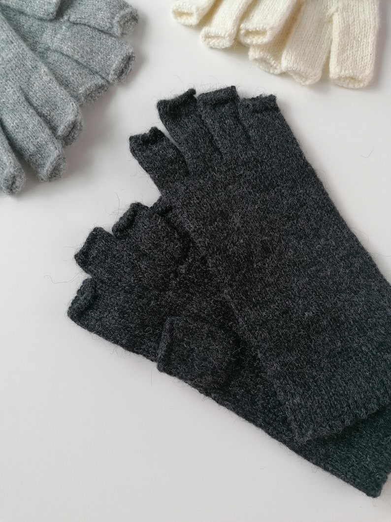 Womens Lambswool Fingerless Gloves in minimalist style, half fingers gloves Black