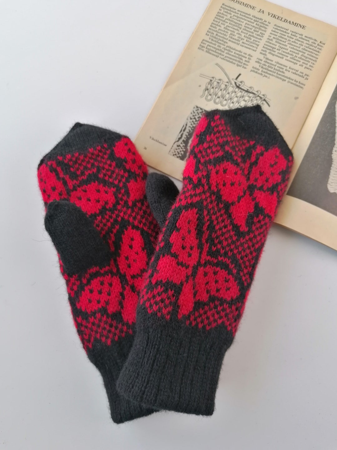 Red Wool Mittens: Knitted Butterfly Pattern - Etsy