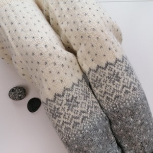 Fair Isle leg warmers, long model, finely knitted snowflake pattern grey and white combination, good for walking. Gift for her.