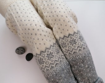 Fair Isle leg warmers, long model, finely knitted snowflake pattern grey and white combination, good for walking. Gift for her.