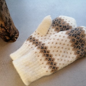 Cozy Beige-White Knitted Mittens with Snowflake pattern, extra wool layer inside