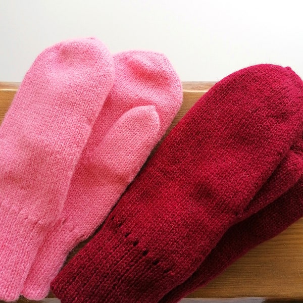 Pink or red knitted wool mittens, soft lamb wool with wool lining inside, keeps your hand warm. Plain elegant model, gift for her