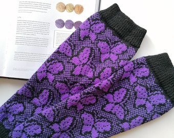 Purple Butterfly Wool Leg Warmers: knitted model soft and cozy for wintertime