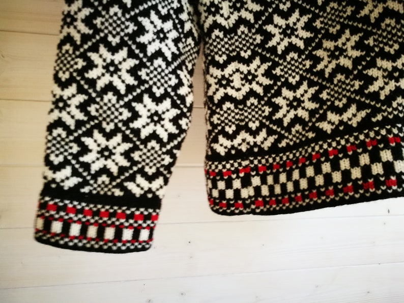 Folk knitted wool sweater, traditional Kihnu troi pattern, black-white nordic star pattern cardigan in scandinavian style image 5