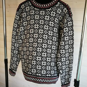 Folk knitted wool sweater, traditional Kihnu troi pattern, black-white nordic star pattern cardigan in scandinavian style image 2