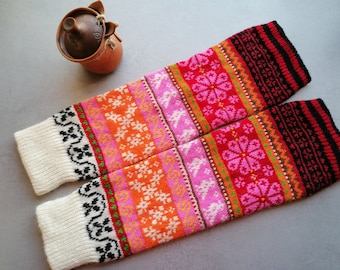 Multicolor Muhu Pattern Wool Knit Leg Warmers: Adorable & Luxurious Winter Accessories, gift for her