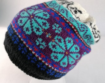 Adorable Muhu pattern wool knitted hat, nice blue-purple multicolor pattern, extra luxorius clothing winterhat, gift for her