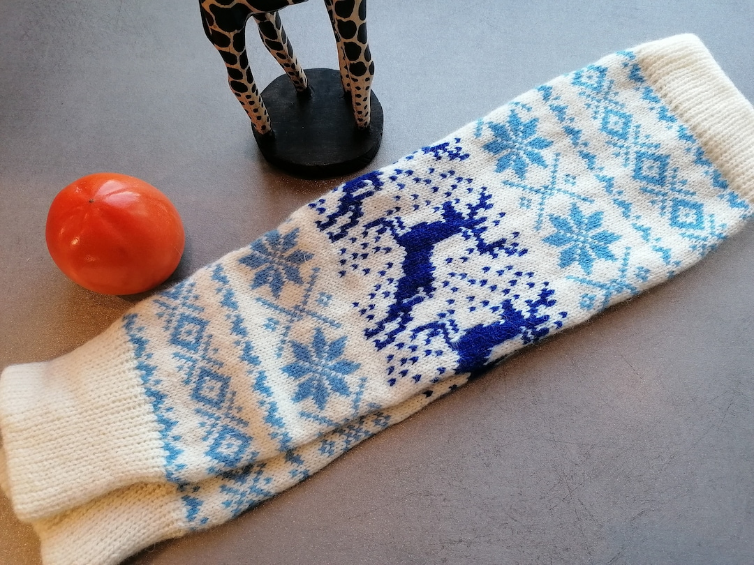 Fair Isle Leg Warmers, Finely Knitted Reindeer Pattern White and Blue