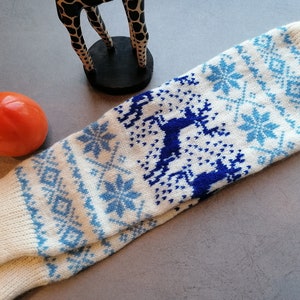 Fair Isle leg warmers, finely knitted reindeer pattern white and blue combination, good for walking. Gift for her.