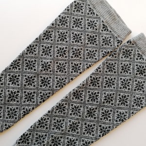 Wool leg warmers, long model, finely knitted fair isle snowflake pattern, grey and black combination,  good for walking. Gift for her.