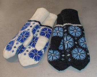 Wool Mittens: Knitted Cornflower Pattern, Estonian Style Gloves