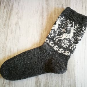 Wool Knit Winter Socks: Anthracite Reindeer Pattern