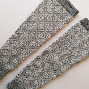 Wool leg warmers, long model, finely knitted fair isle snowflake pattern, grey and white combination,  good for walking. Gift for her.