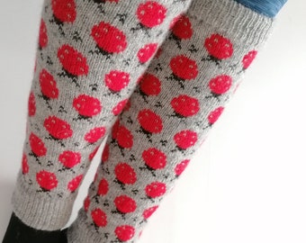 Ladybug leg warmers,  finely knitted boot toppers grey and red combination, good for walking. Gift for her.