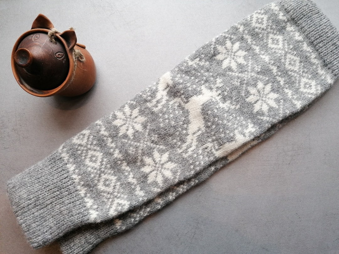Fair Isle Leg Warmers Knitted Reindeer Pattern Grey and White Etsy