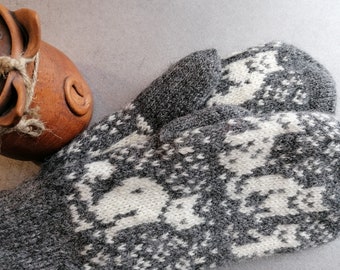 Mitones de lana con estampado de gato en gris oscuro