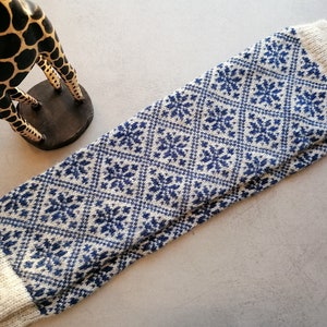 Fair Isle leg warmers finely knitted small nordic star pattern light grey and blue combination, good for walking. Gift for her.