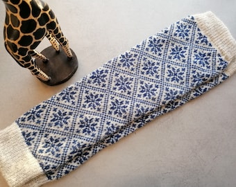 Fair Isle leg warmers finely knitted small nordic star pattern light grey and blue combination, good for walking. Gift for her.