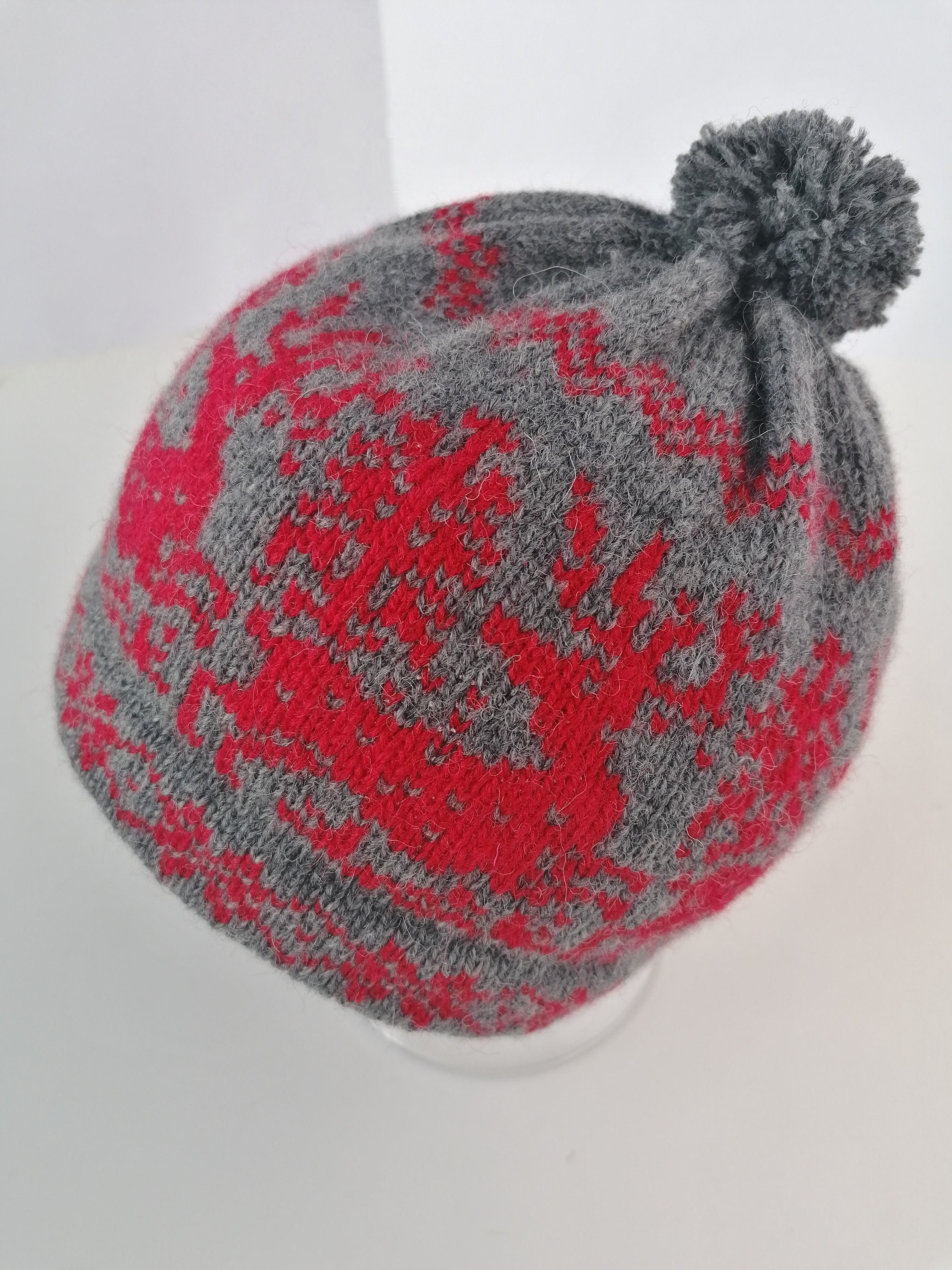 Vintage Duke Wool Fair Isle Reindeer Beanie Red Nordic Wool Beanie: Red Fair Isle Knit, Fleece-lined Winter  main image 3
