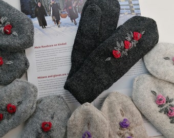 Elegant rose-embroidered wool mittens, minimalist style with nice colour accent of flowers, gift for her