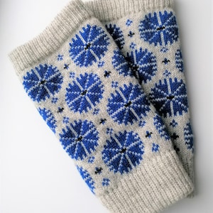 Blue cornflower leg warmers, knitted from wool, perfect accessory with any winter outfit