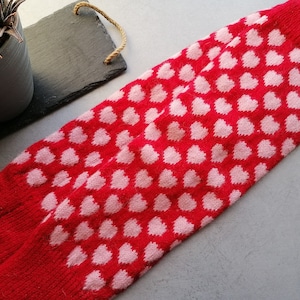 Heart pattern knitted wool leg warmers, finely knitted small hearts pattern red and pink color combination. Good for outside activities