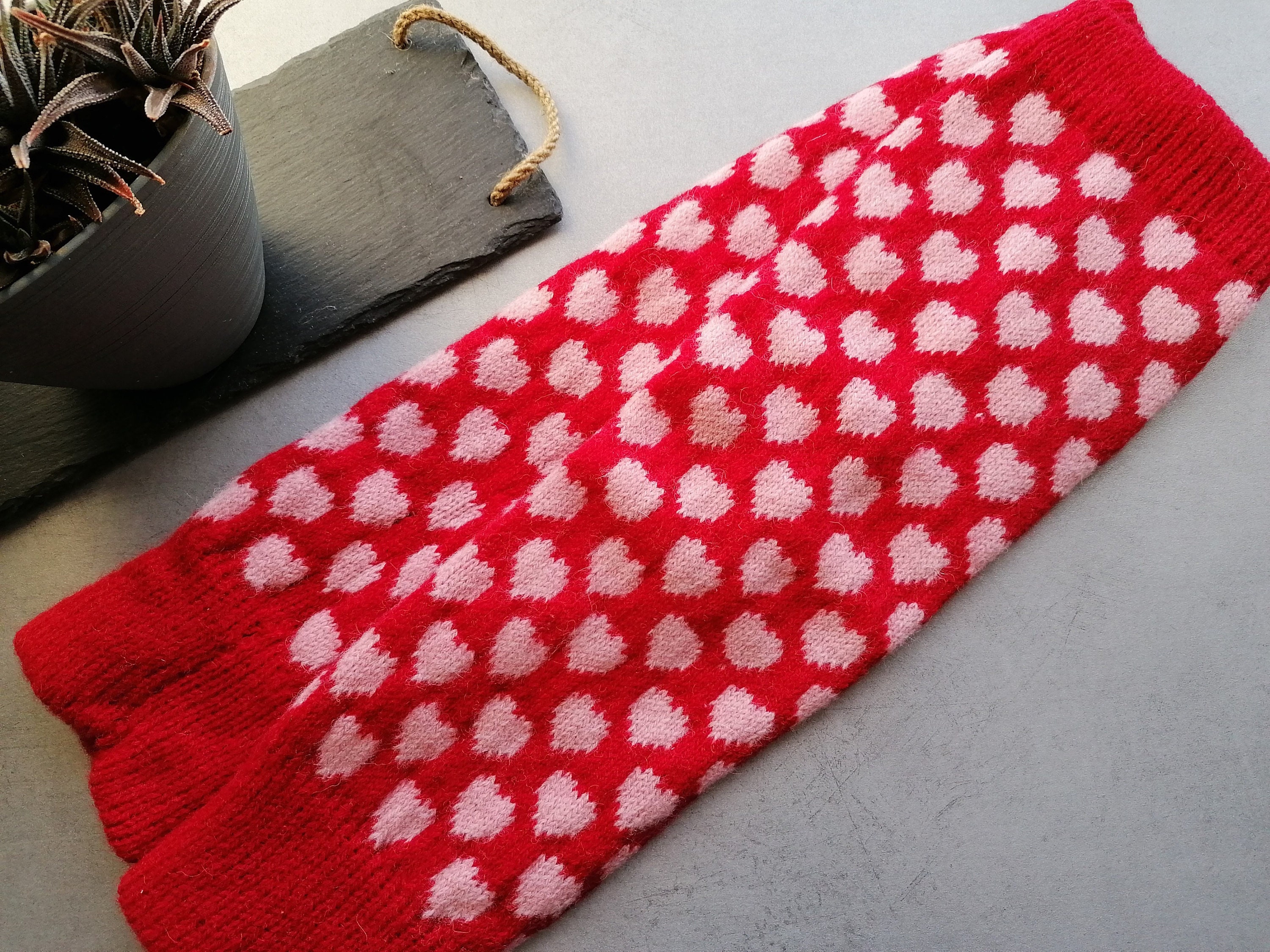 Wool Knit Leg Warmers: Red & Pink Heart Pattern, Winter Boot Cuffs