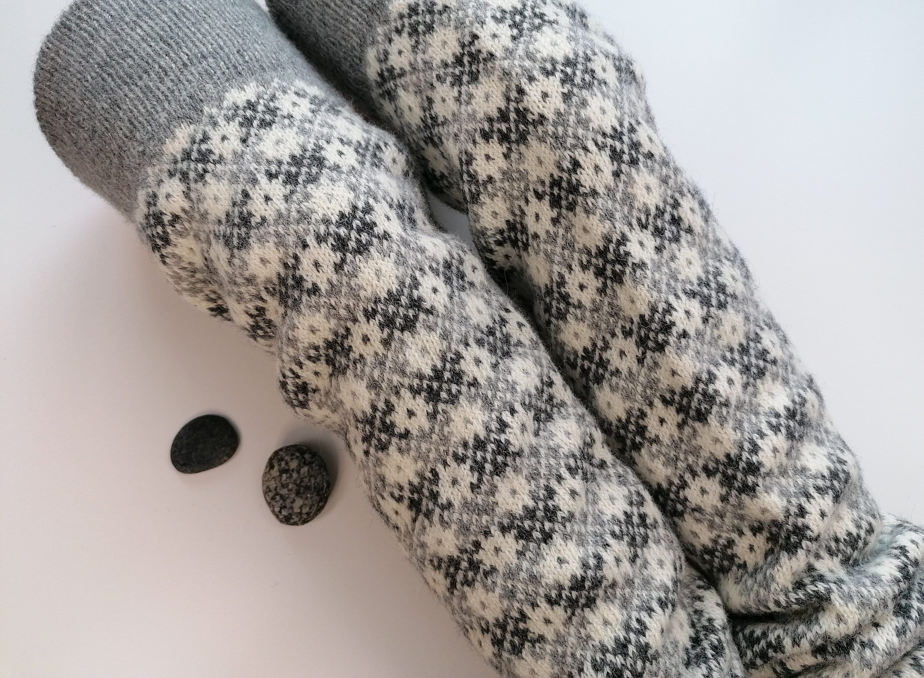 Fair Isle Leg Warmers, Long Model, Finely Knitted Small Star Pattern Grey,  Dark Grey and White Combination, Good for Walking. Gift for Her. 