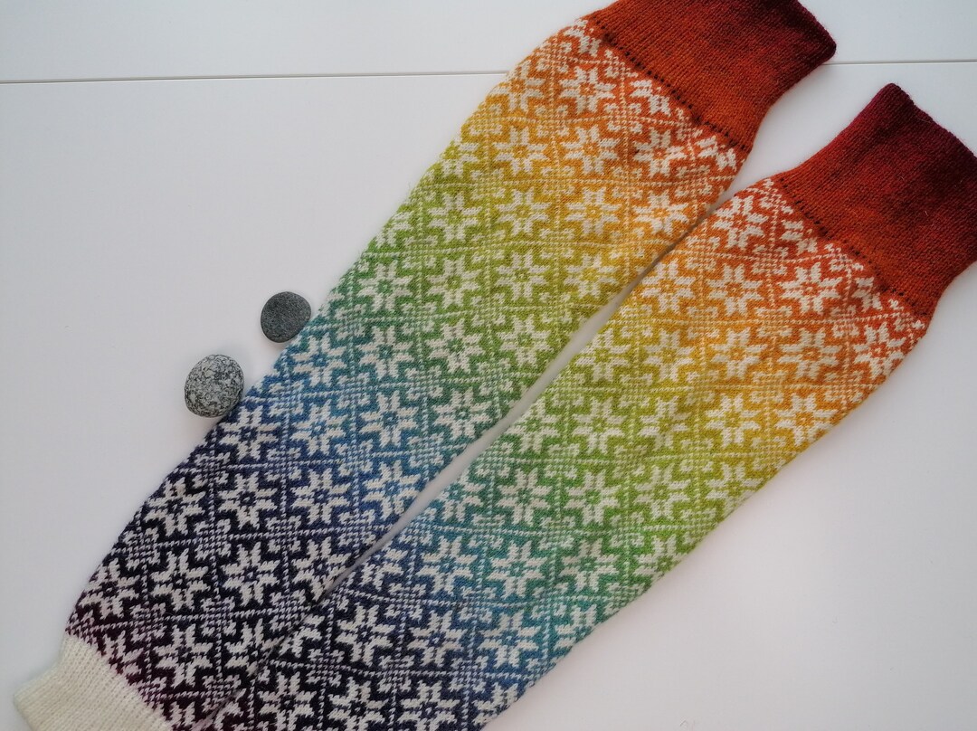 Fair Isle Leg Warmers, Long Model, Finely Knitted Nordic Star Pattern