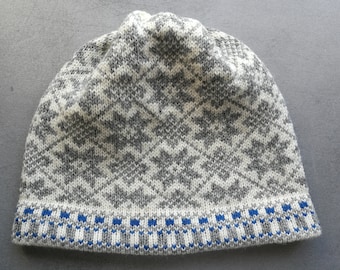 Fair Isle knitted wool hat in Estonian etnic style white and grey combination