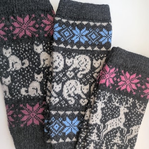 Wool leg warmers with nice animal pattern, Warm and soft wool accessories.