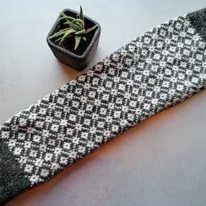 Finely Knitted Black and White Patterned Leg warmers with Kihnu Troi pattern, warm and perfect for a wintertime