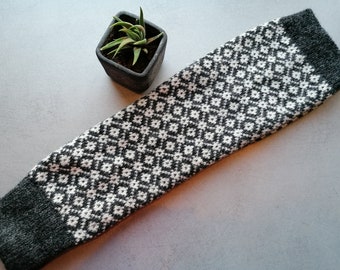 Finely Knitted Black and White Patterned Leg warmers with Kihnu Troi pattern, warm and perfect for a wintertime
