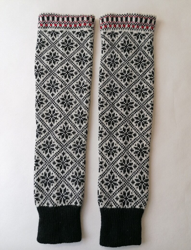 Hochwertige gestrickt Beinstulpen aus reine Wolle, Damen Overknee-Beinwärmer Weiss und Schwarz Farbe Kombination Schwarz